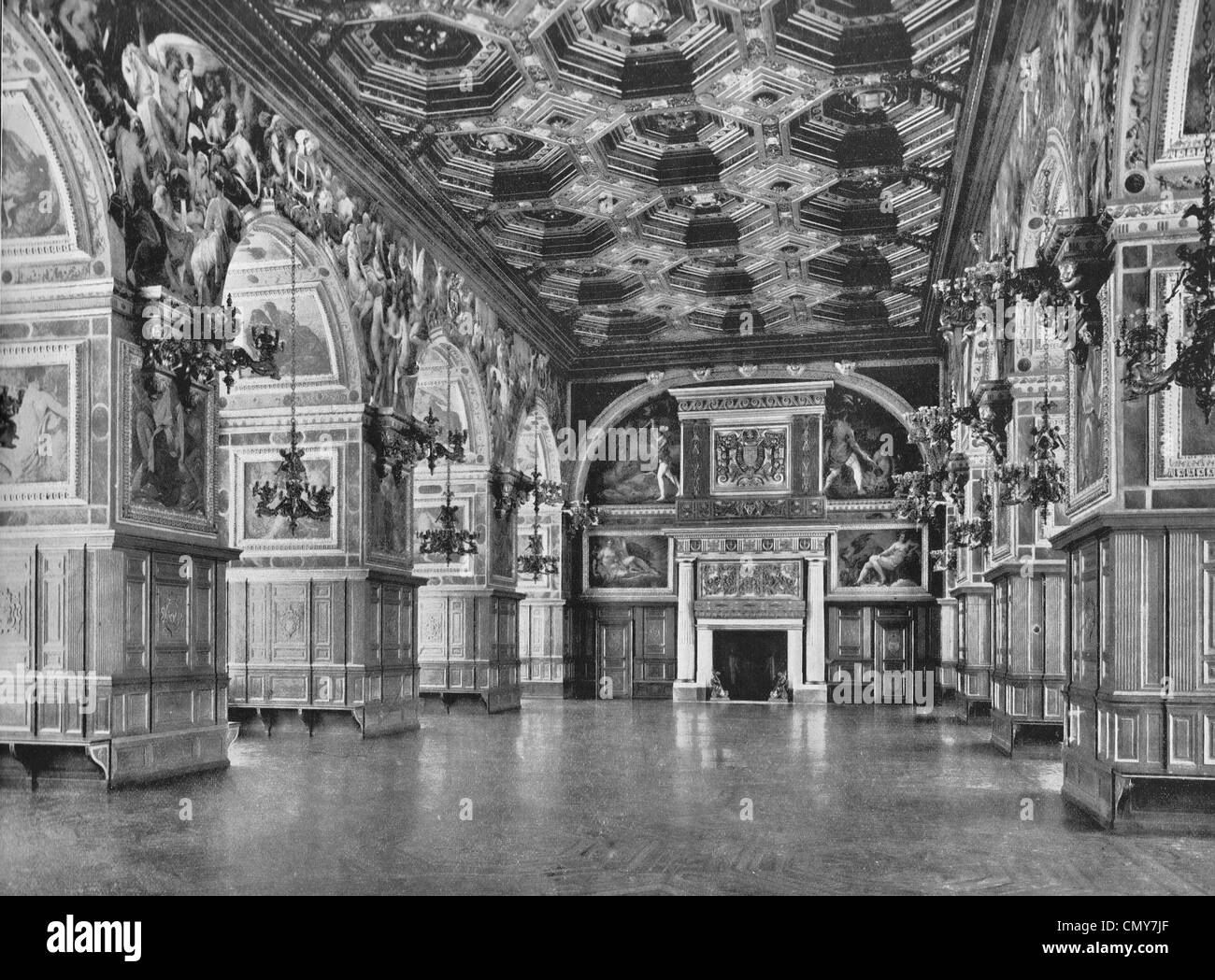 Galería de Enrique II, el palacio de Fontainebleau, Francia, circa 1890 Foto de stock