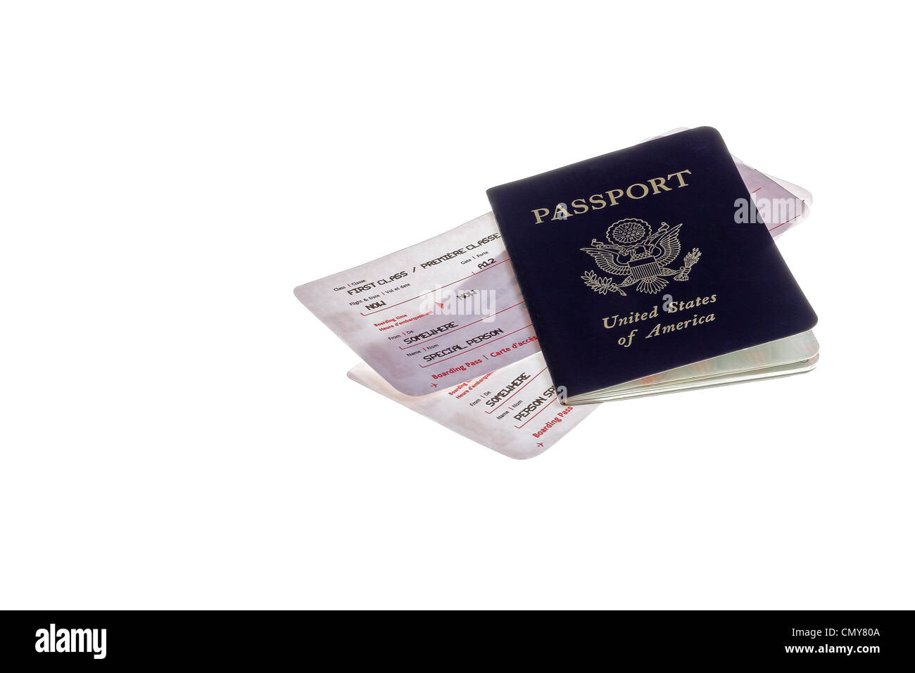Nosotros pasaporte con dos persona especial tarjetas de embarque que viaja en primera clase Foto de stock