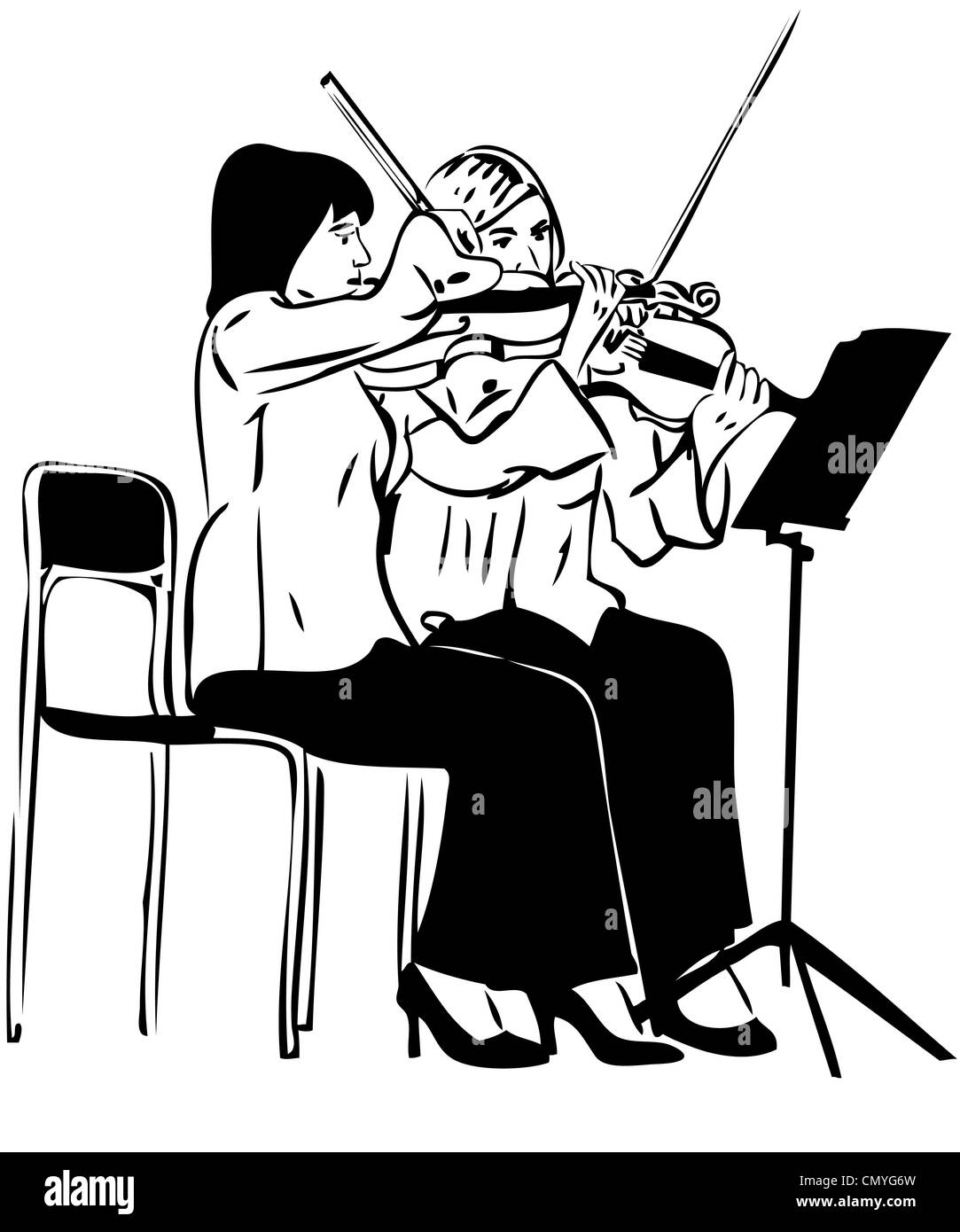 Un boceto de dos niñas jugando en el fiddle Foto de stock
