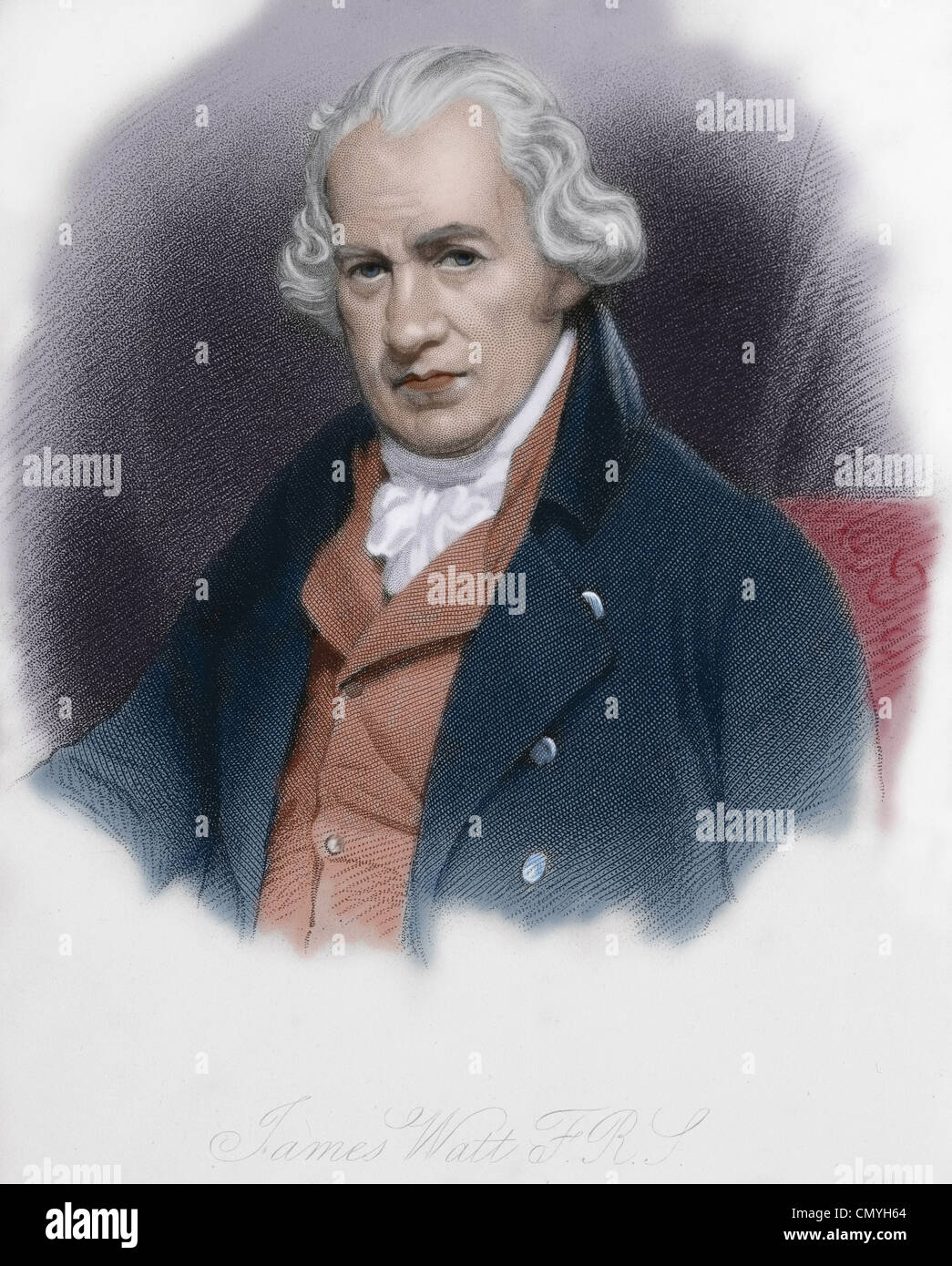 James Watt (1736-1819). Inventor escocés. Grabado en color. Siglo xix. Foto de stock