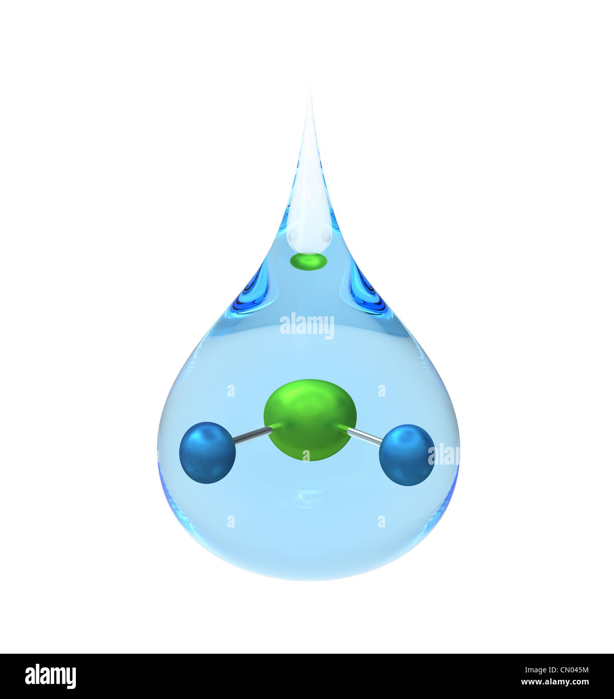 El modelo de una molécula de H2O en una gota de agua, aislado en blanco, 3D Render Foto de stock