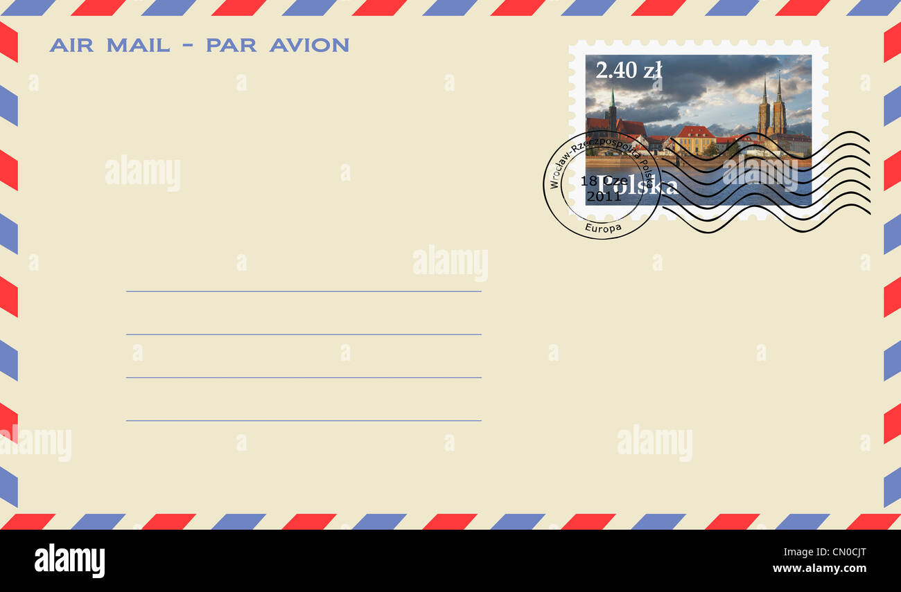 El correo aéreo sobre con un sello desde Polonia. Isla del domo, la Catedral y la iglesia de la Santa Cruz, condado de Wroclaw, Polonia Foto de stock