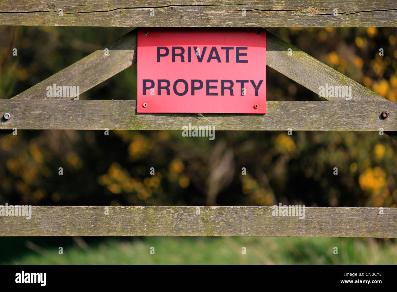Un letrero que diga en rojo y negrita en una propiedad privada prohibido gate en el campo Foto de stock