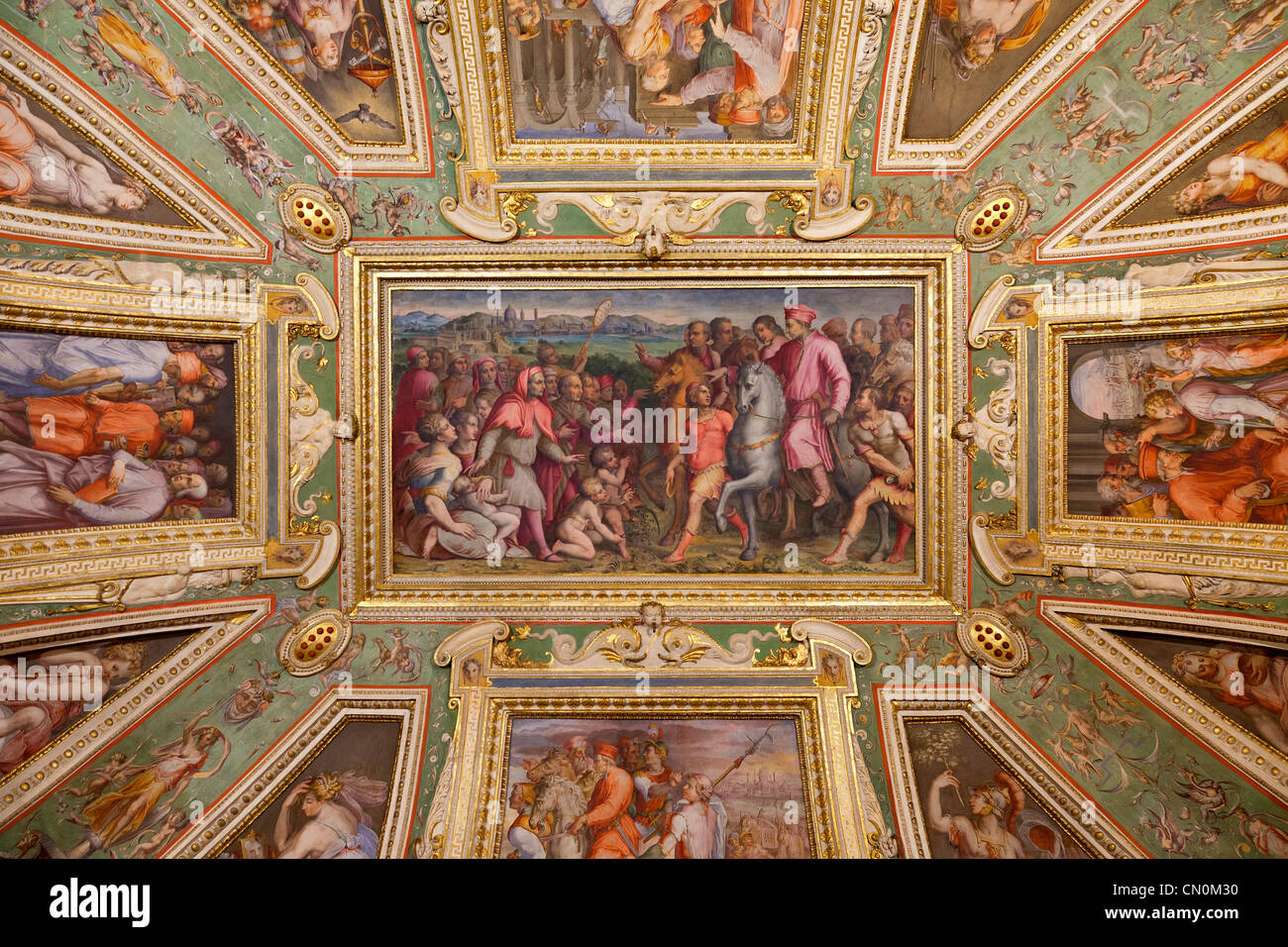 Europa, Italia, Florencia, panel de techo en el Palazzo Vecchio, Sitio del Patrimonio Mundial de la Unesco, Foto de stock