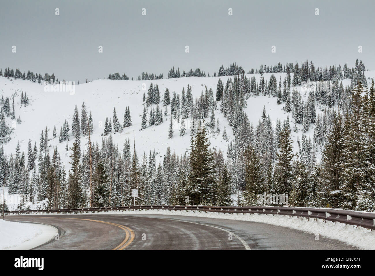 Hielo y nieve en Scenic Drive en 'Medicine' Bow National Forest, en el sur de Wyoming. Foto de stock