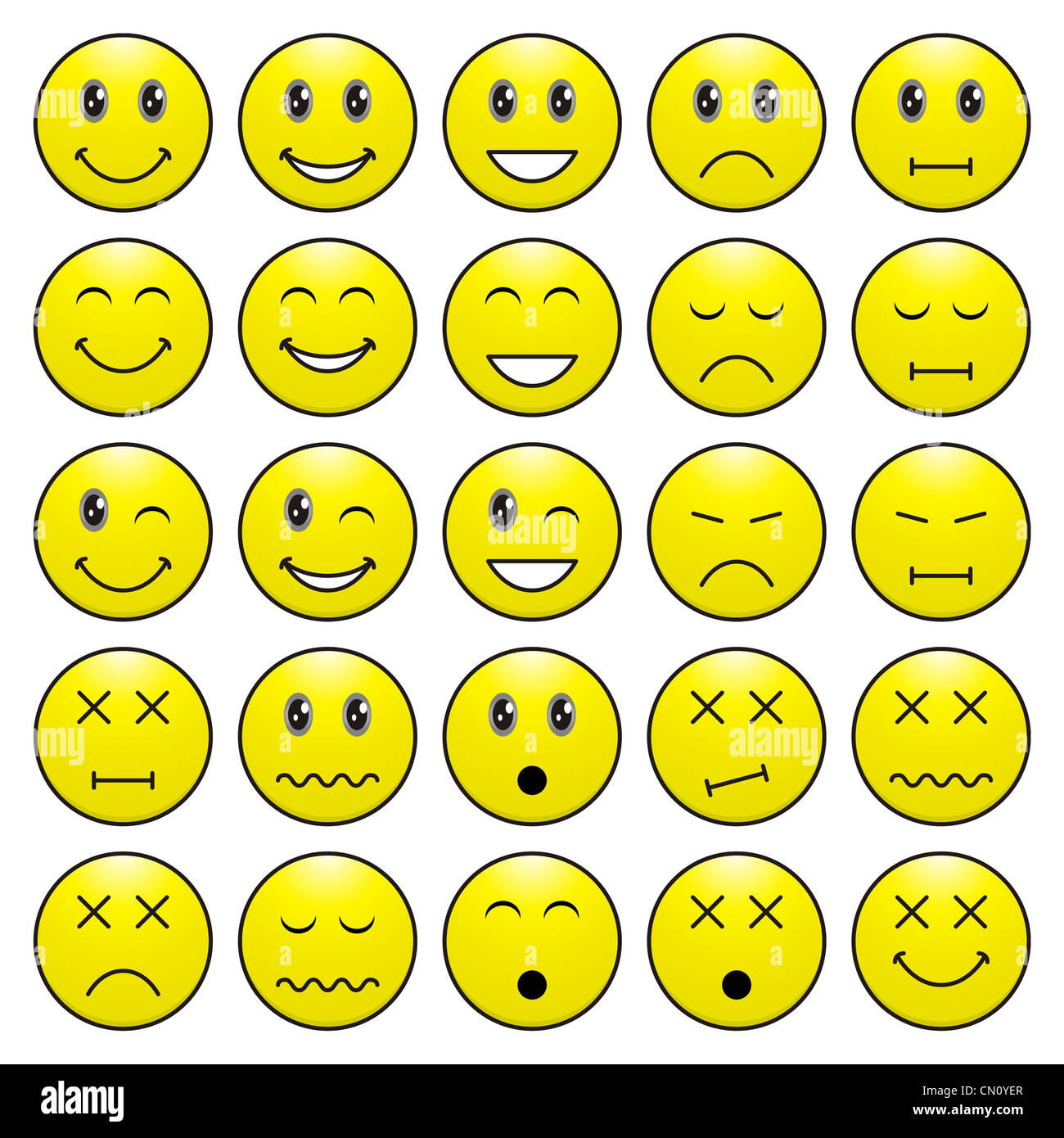 Pack de caras (emoticonos) con diferentes emociones expresión Foto de stock
