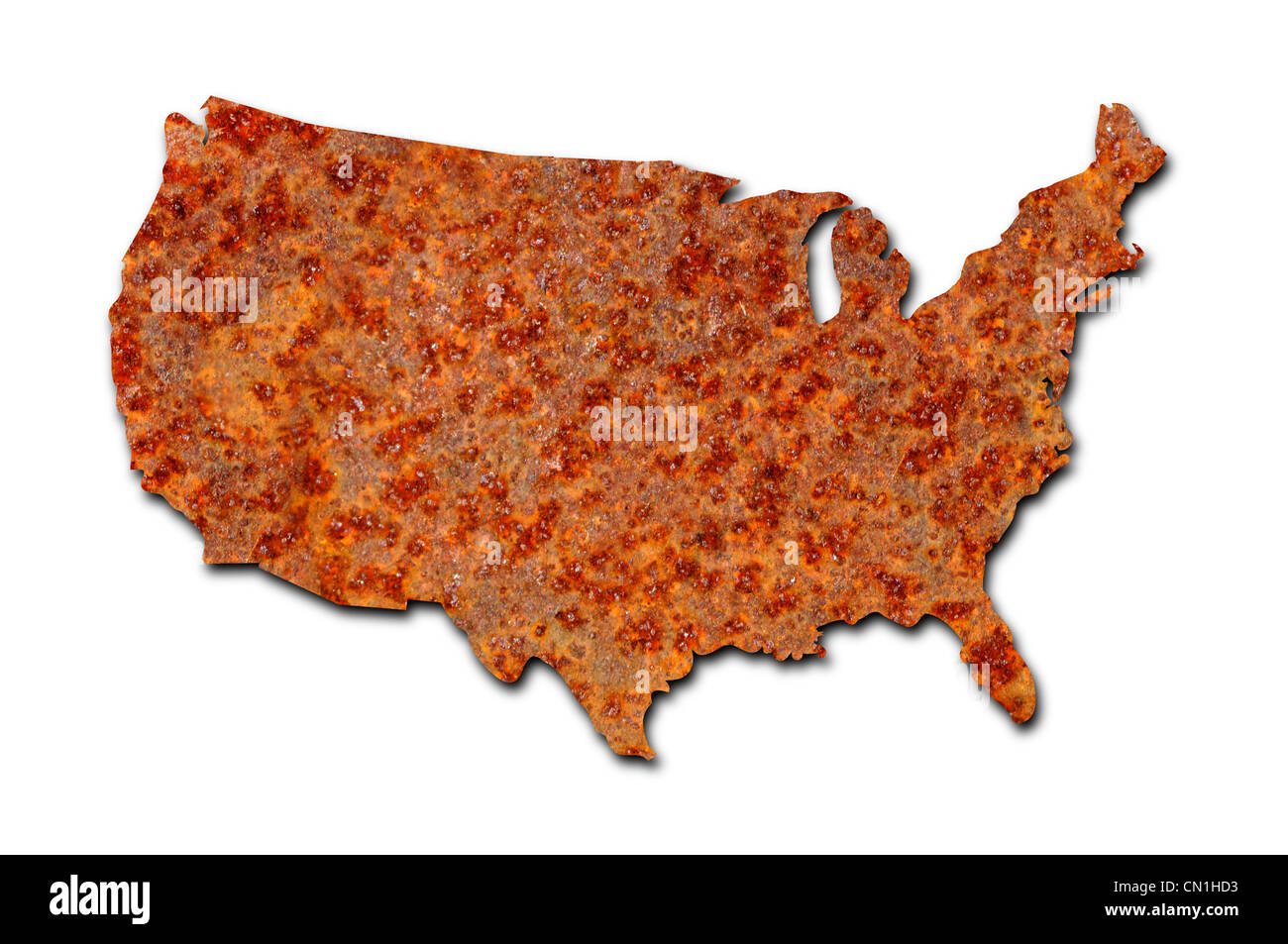 Rusted metal corroído mapa de los Estados Unidos sobre fondo blanco. Foto de stock