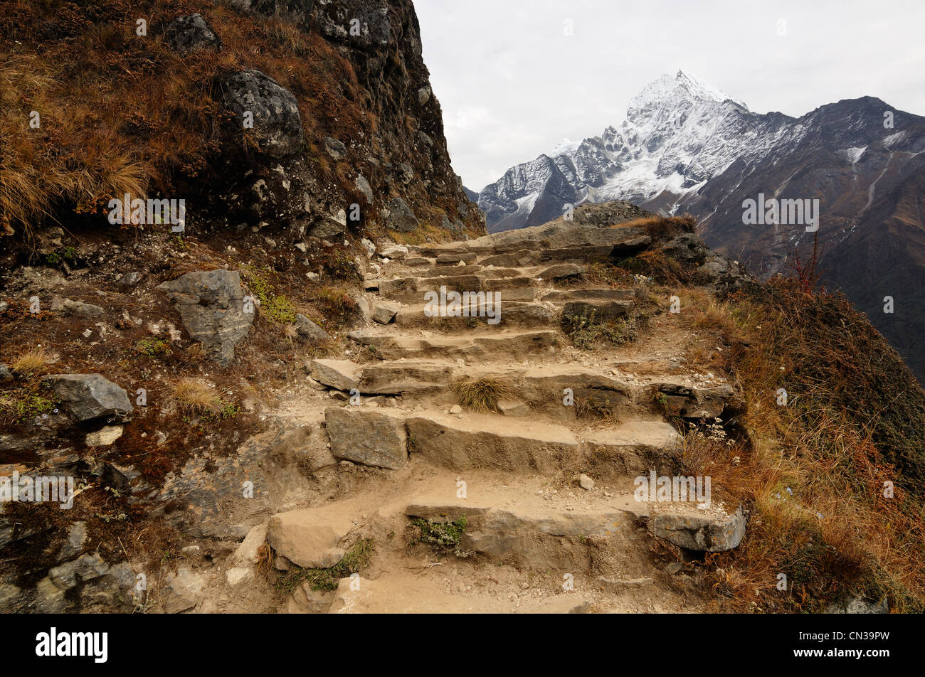 Pasos en el Himalaya en camino desde Namche Bazaar a Khumjung, Nepal Foto de stock