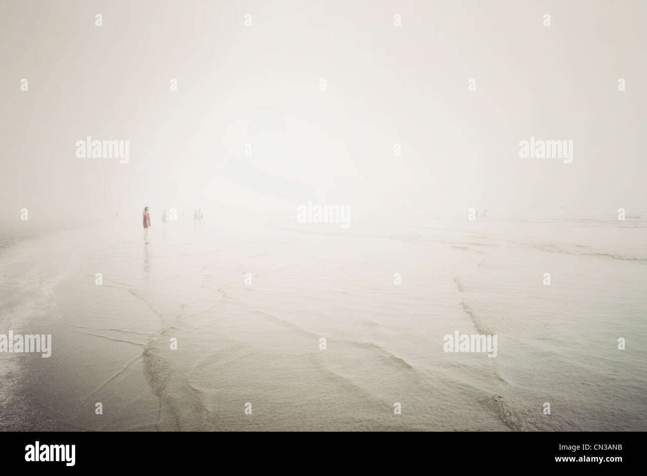 La gente en la playa de niebla, Tofino, Vancouver Island, Canadá Foto de stock