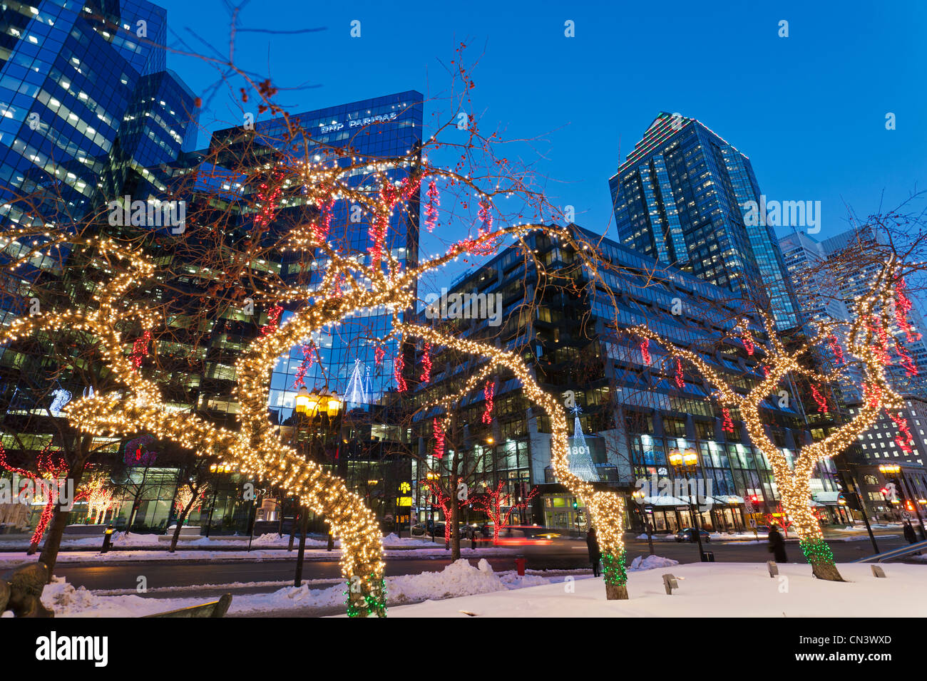Canadá, provincia de Quebec, Montreal, decoraciones y luces de Navidad, la avenida McGill College Foto de stock