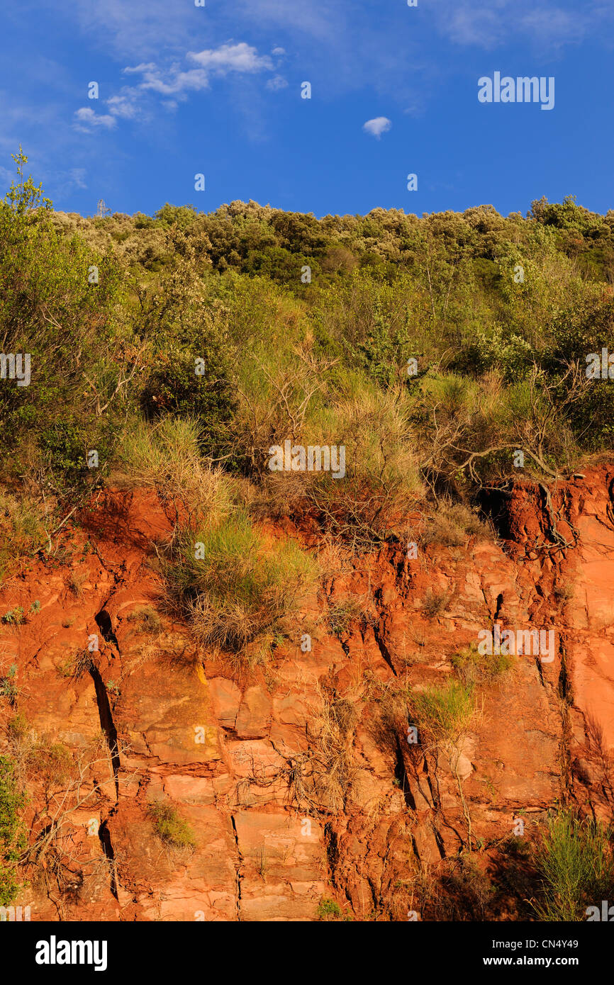 Francia, Herault, rocas rojas de los bordes del lago de Salagou Foto de stock