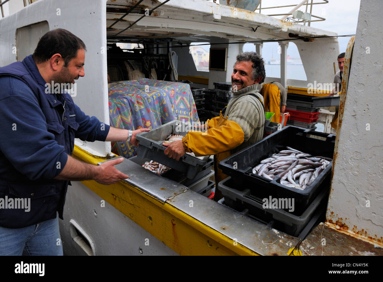 Francia, Herault, Sete, el mercado de subasta de pescado, el desembarco de pesca Foto de stock