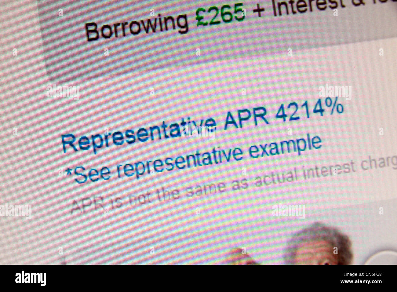 Una captura de pantalla del sitio web Wonga.com mostrando una tasa de interés APR representativa de 4214%. Foto de stock