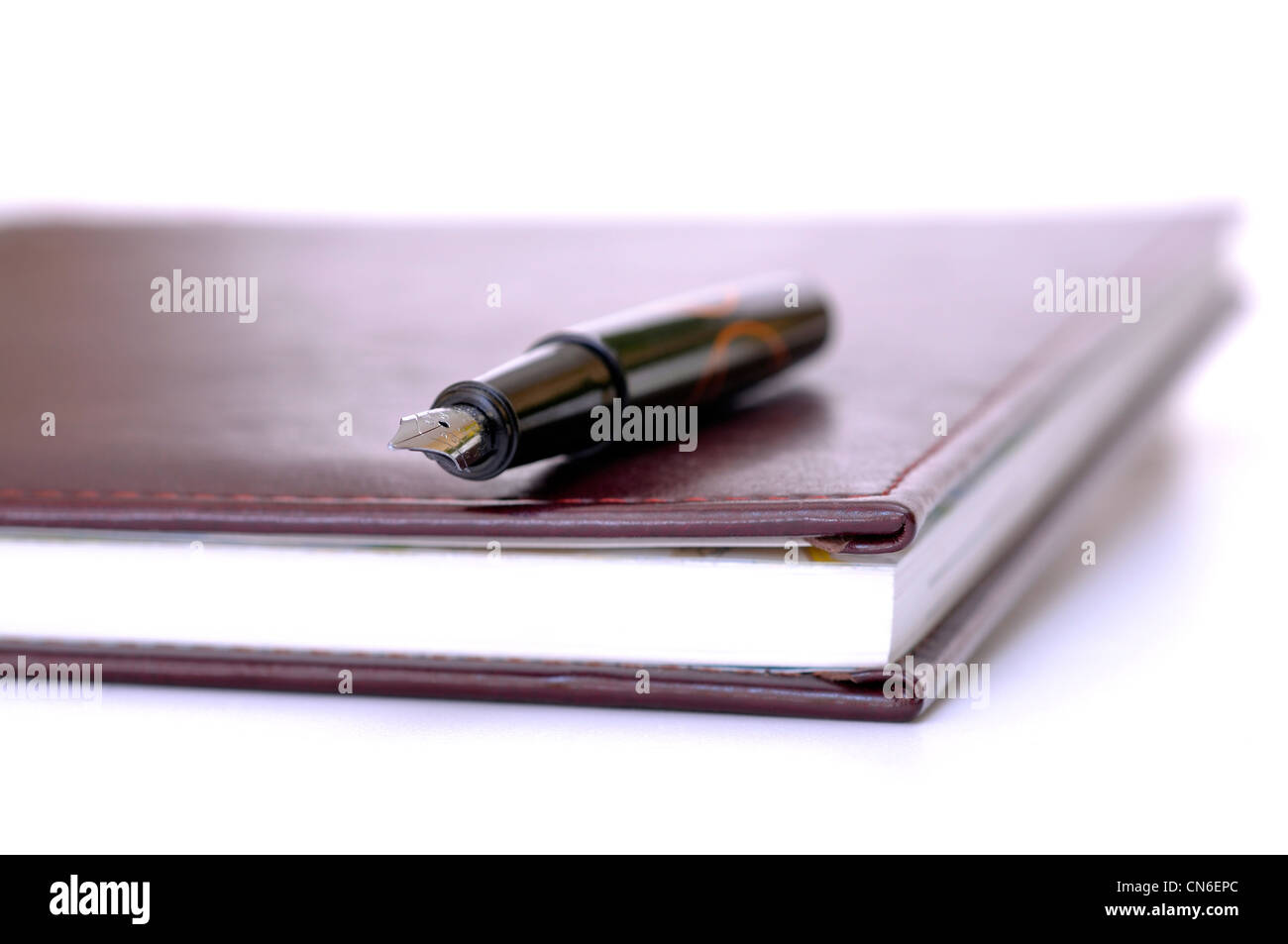 Pen tumbado en la Borgoña scrapbook, portátil Foto de stock