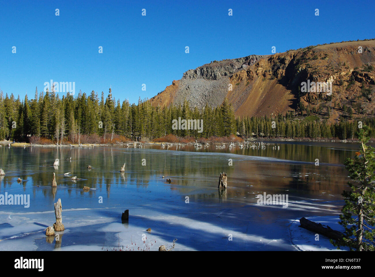 El lago, el bosque y las montañas cerca de Mammoth Lakes, California Foto de stock