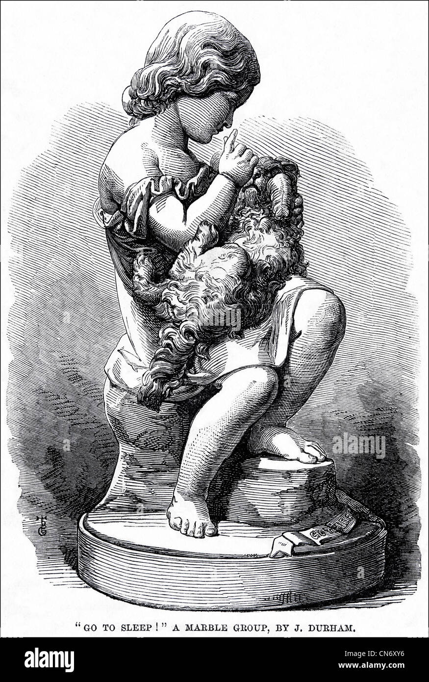 "Ir a dormir" estatua de mármol por J. Durham exhibidos en la Exposición Internacional de South Kensington, en Londres, Inglaterra. Grabado de la época victoriana, de fecha 5º de julio de 1862 Foto de stock