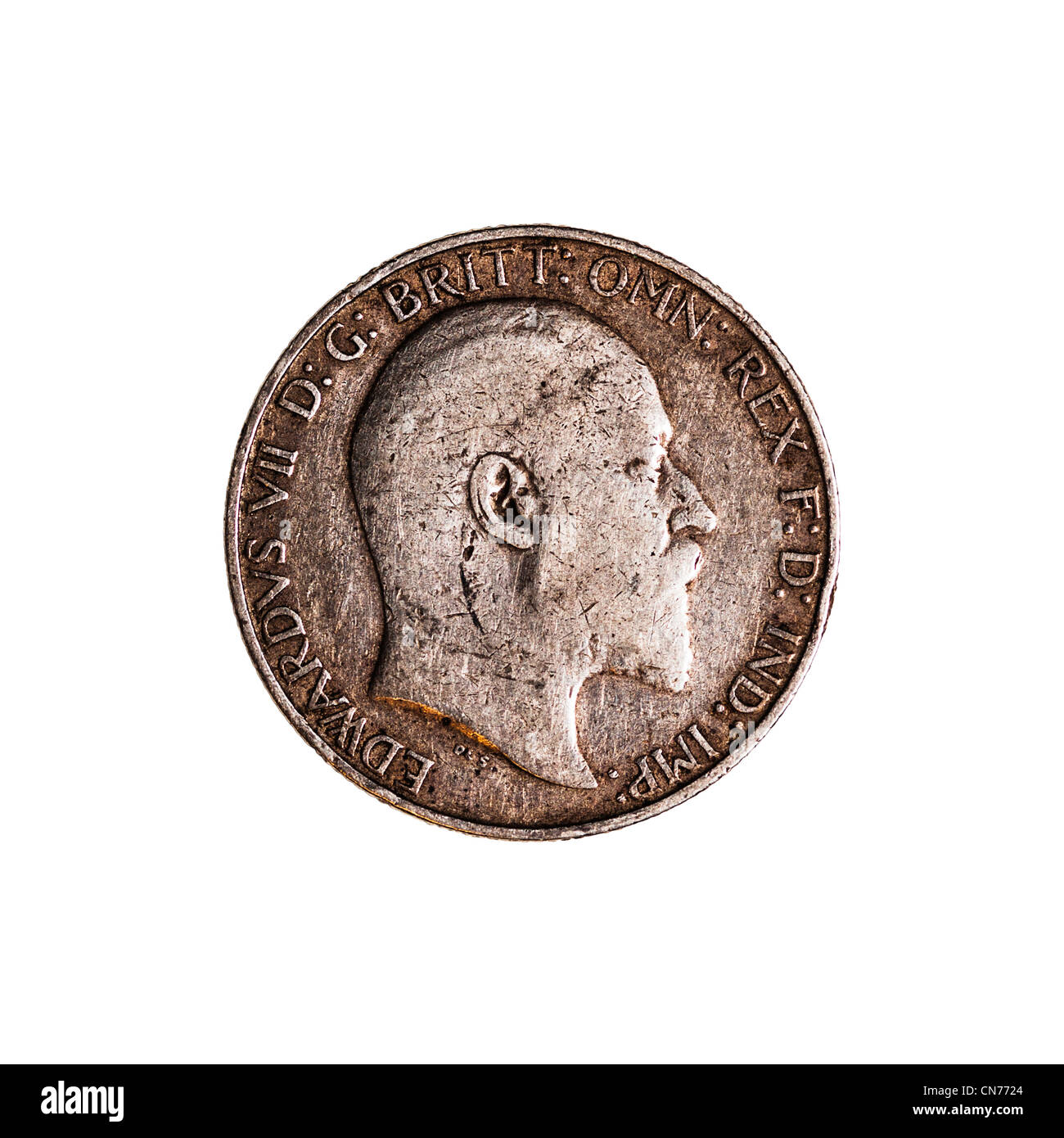 Un inglés pre uno decimal florin o dos chelines coin fecha 1907 sobre un fondo blanco. Foto de stock