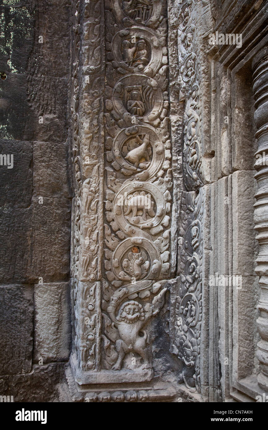 Angkor Wat, Camboya, alivio de la base de piedra tallada que muestra un dinosaurio estegosaurio Foto de stock