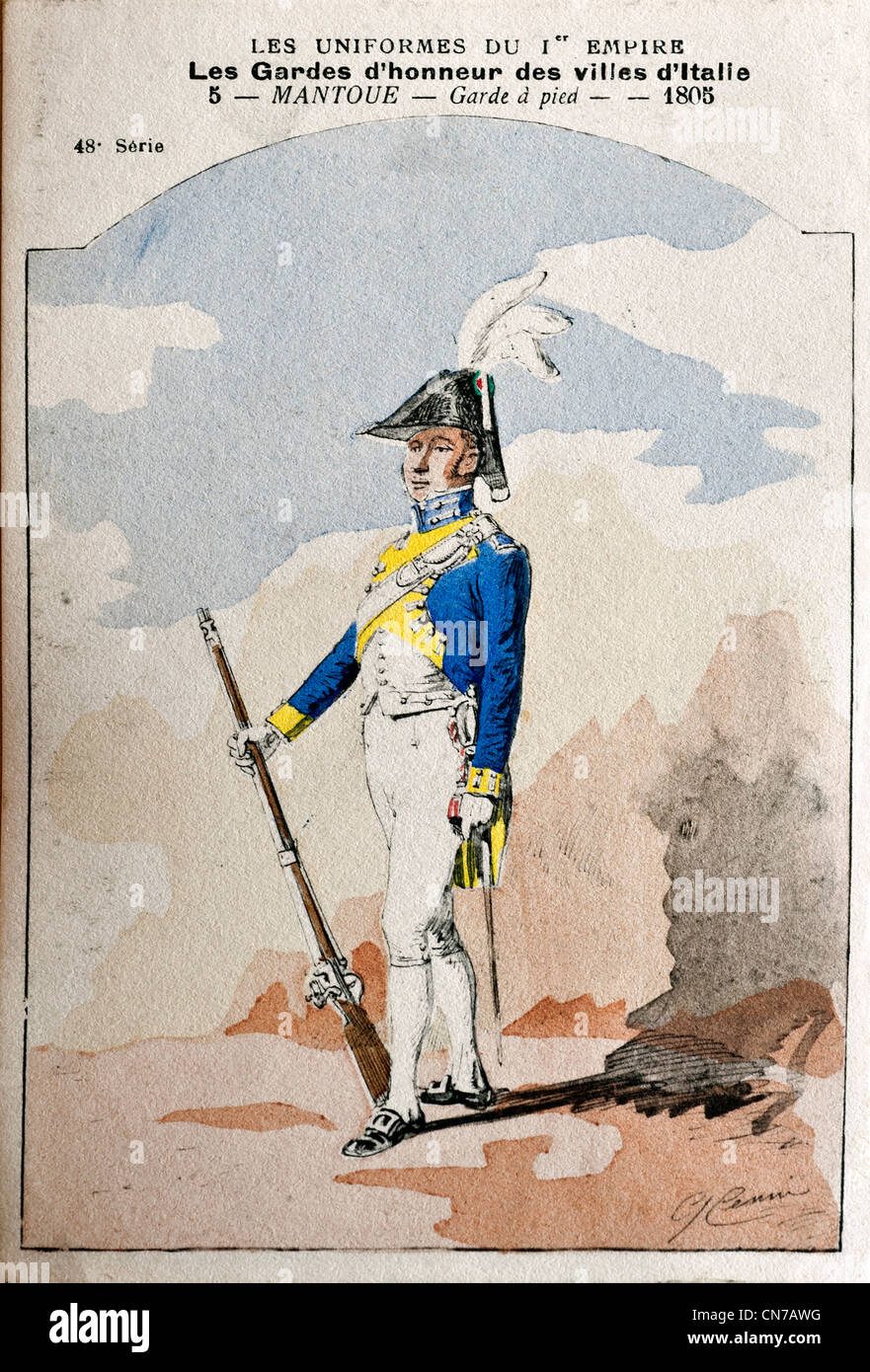 Antiguos Figurini Miitari uniforme del 1° el imperio los guardias de Honor de la ciudad italiana de Mantova en pie de guardia oficial 1805 Foto de stock