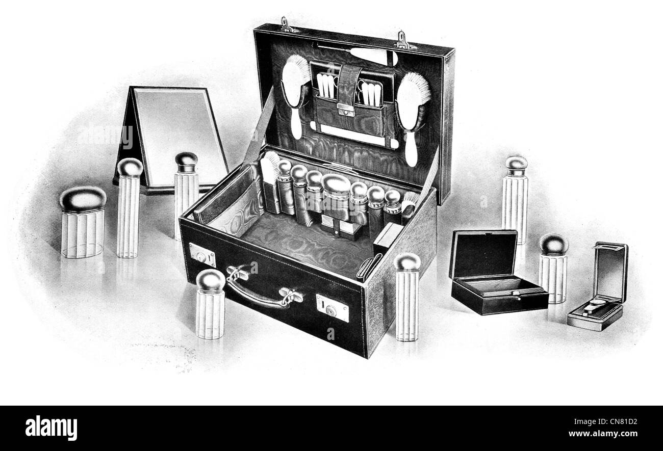 1900 grooming kit box perfumes aftershave crema en polvo cepillo de botella de vidrio maleta espejo barber peluquería Foto de stock
