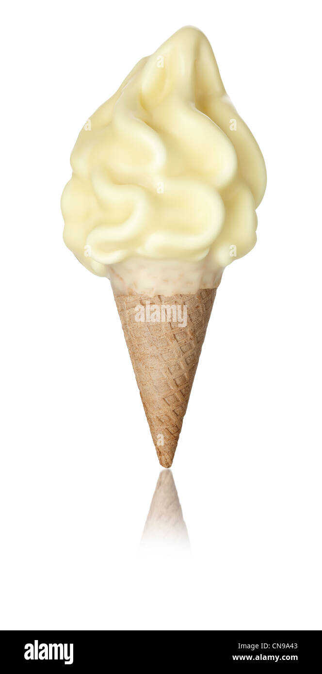 Chocolate blanco bañado vainilla helado suave cortado en cono fuera Foto de stock