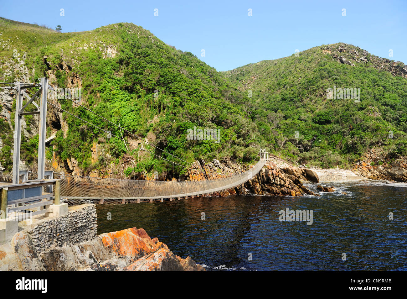 Puente colgante en boca de Storms River, Parque Nacional Tsitsikamma, Eastern Cape, Sudáfrica Foto de stock