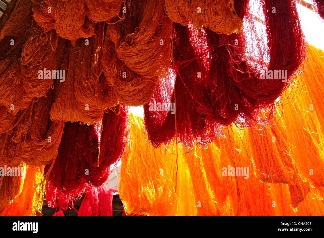 Recién teñidas de rojo y naranja madejas de lana cuelgue el secado al sol en el Zoco de los tintoreros de lana en la medina de Marrakech, Marruecos Foto de stock