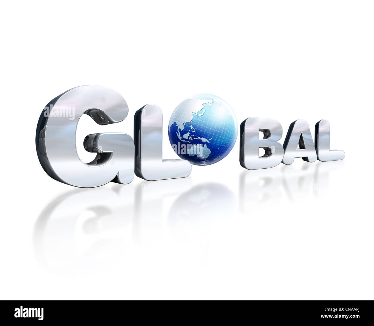 3 letras d cromado con la palabra Global y el globo terrestre, en lugar de la letra O. Foto de stock