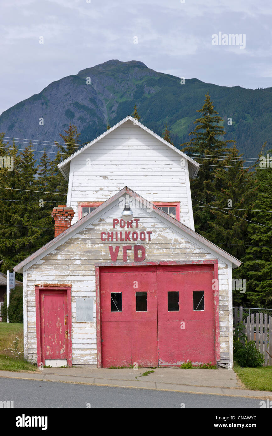 El puerto Chilkoot Bomberos Voluntarios, edificio en Fort Seward, Haines, sureste de Alaska, Verano Foto de stock
