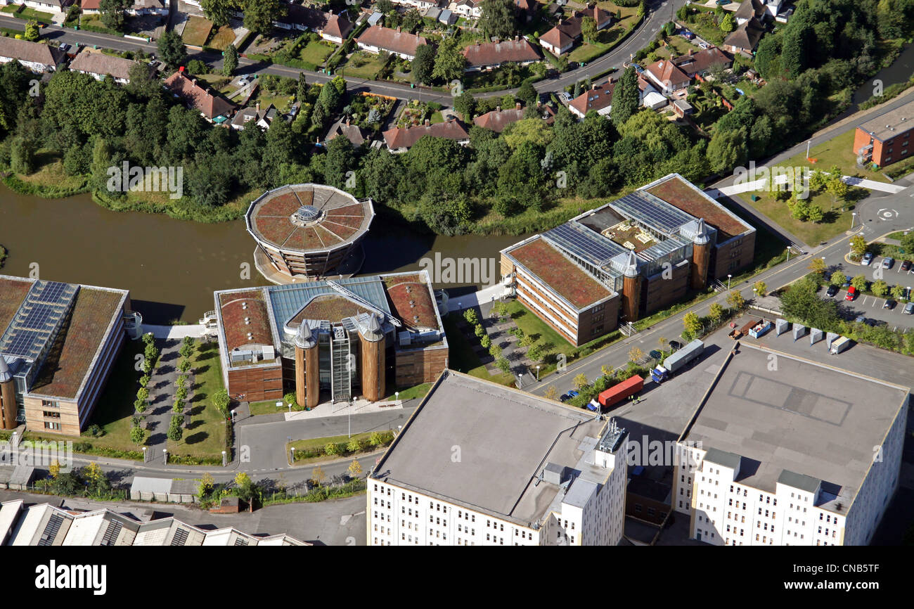 Vista aérea del edificio de Intercambio, la Escuela de Negocios y el Centro de Recursos de Aprendizaje Djanogly en el Campus Jubilee, Universidad de Nottingham Foto de stock