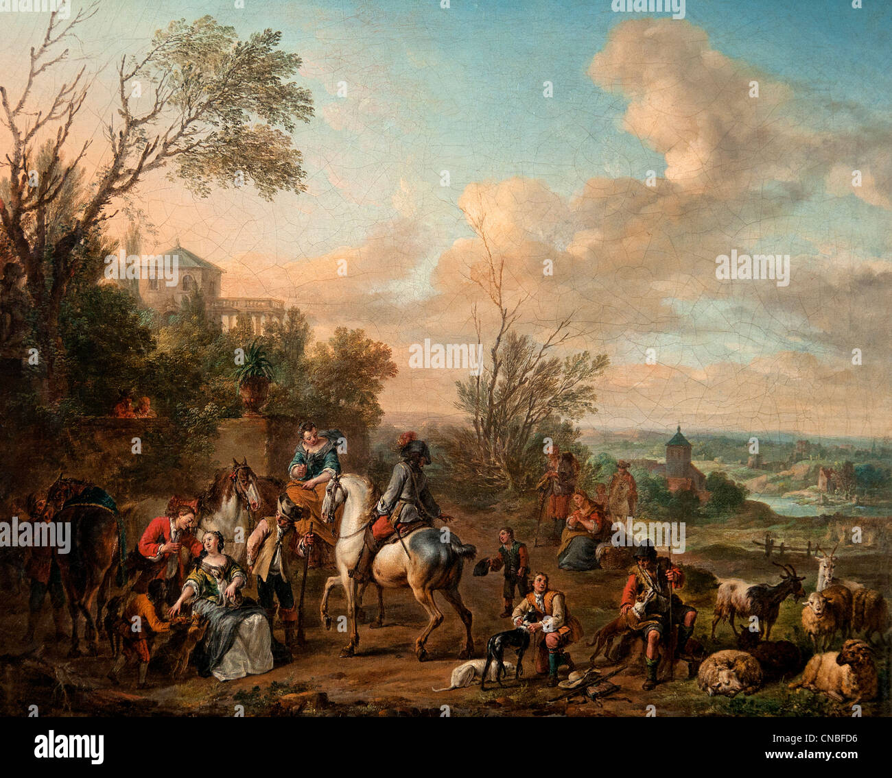 HALTE DE CHASSEURS - Detener cazadores 1703 por Carel Van FALENS 1683 -1733 Flandres flamenca Foto de stock