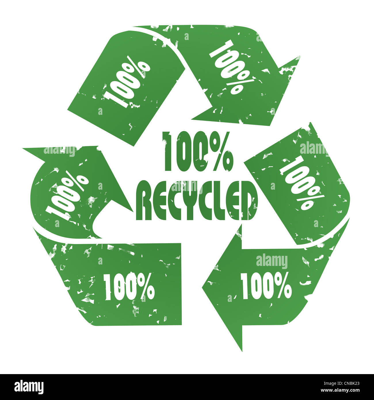 3-flecha verde símbolo 100% reciclado con efecto grunge - Concepto de reciclaje Foto de stock