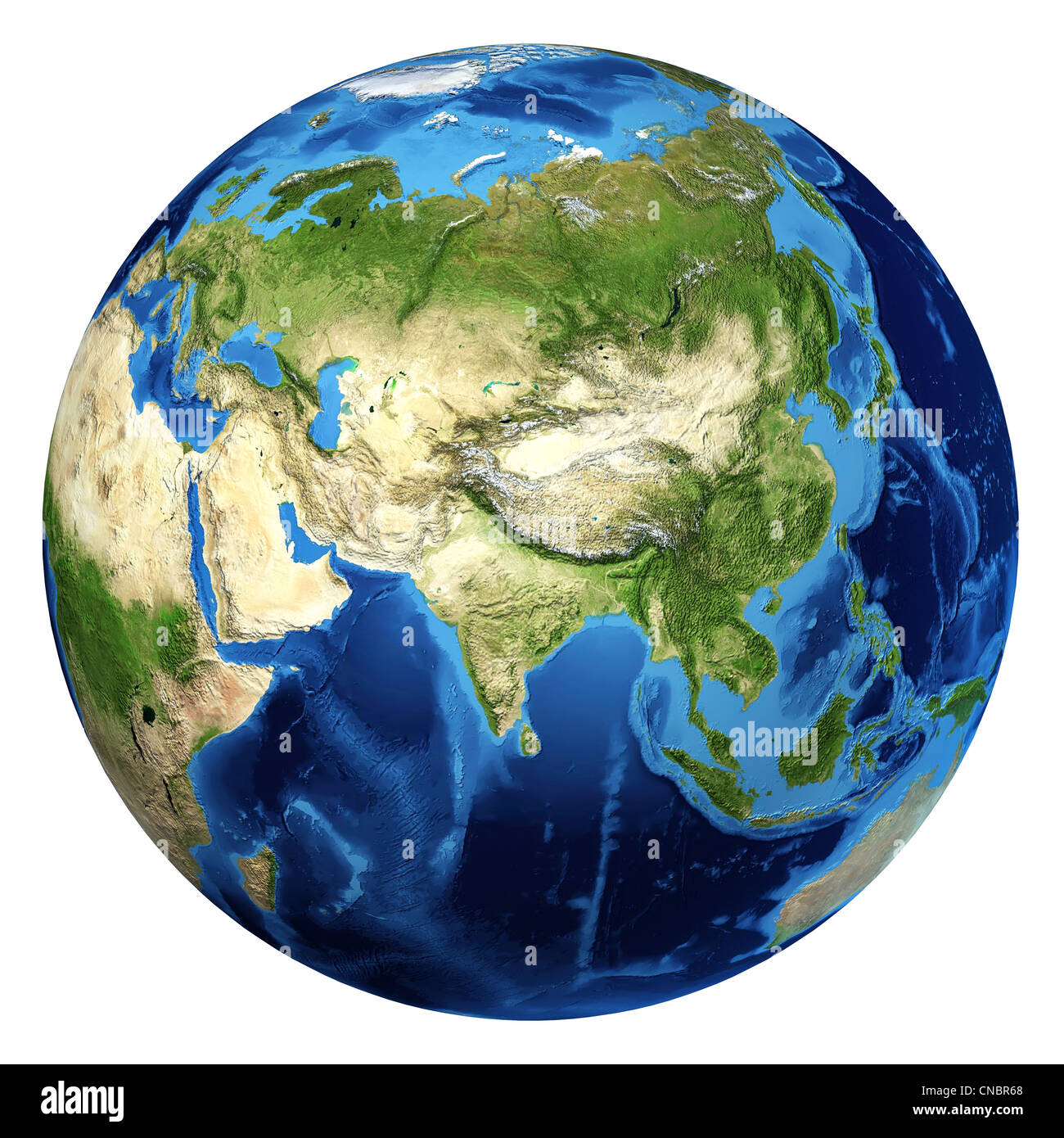 Globo terrestre, renderizado 3D realistas. Vista de Asia. Sobre un fondo blanco. Foto de stock