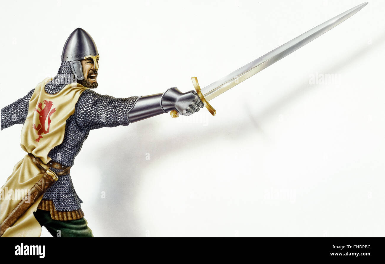Edad media antigua guerrero con una espada, en la acción. Sobre fondo blanco con sombra cayó. Aerógrafo ilustración. Foto de stock