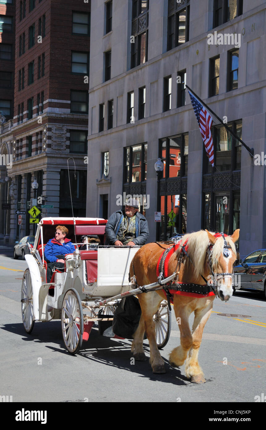 Carruaje tirado por caballos en el distrito financiero de Boston, Massachusetts. Foto de stock