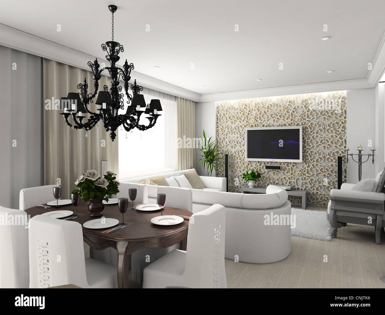 Salón-comedor con muebles clásicos. 3D Render. Interior con televisor  Fotografía de stock - Alamy