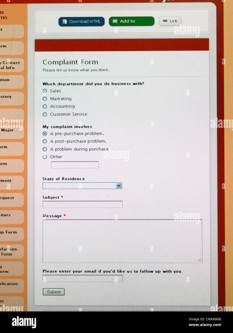 Un formulario de queja en línea Foto de stock