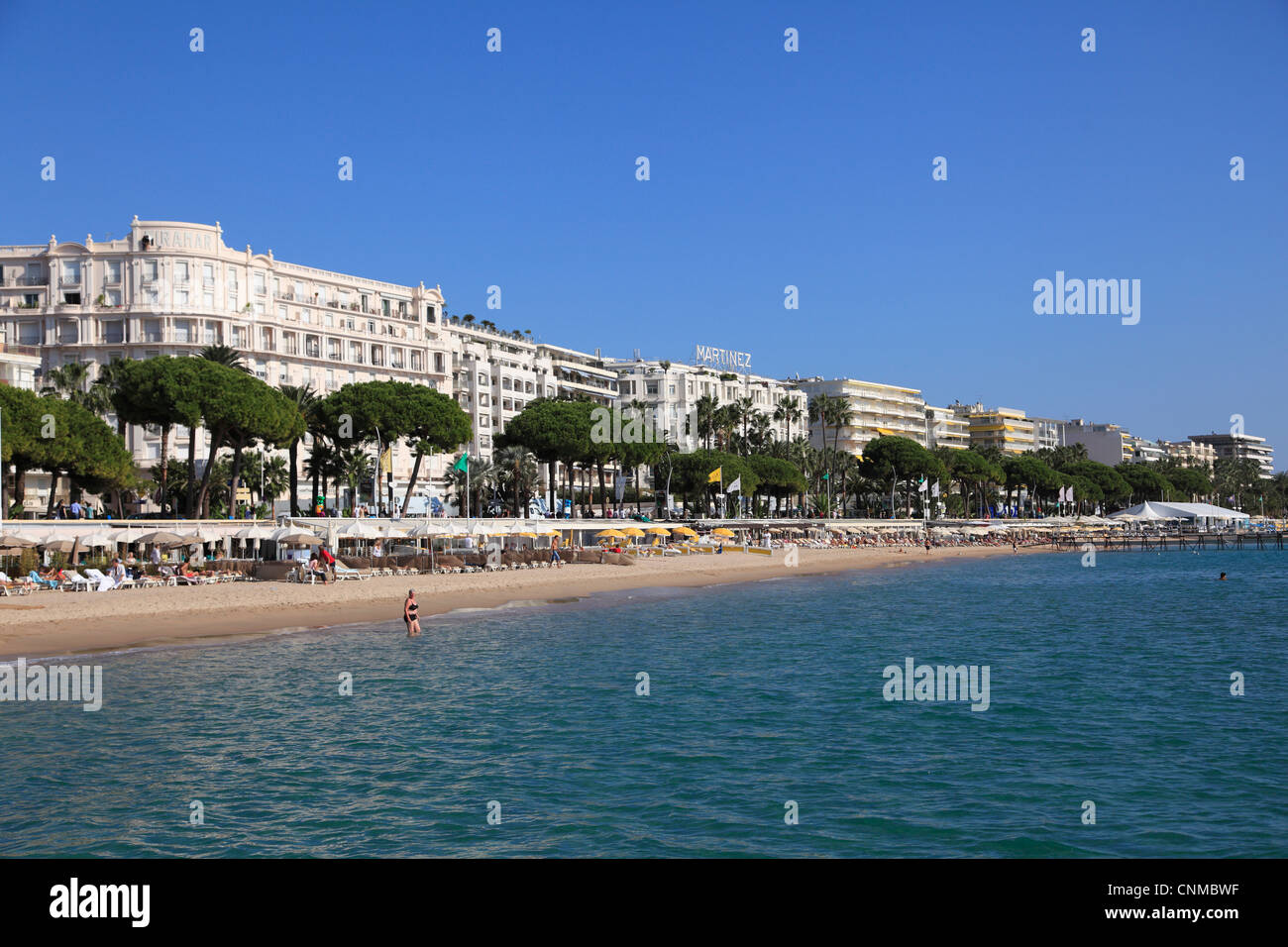 Playa de La Croisette, Cannes, Alpes Maritimes, Provence Cote d'Azur, Riviera Francesa, Francia, Mediterráneo, Europa Foto de stock