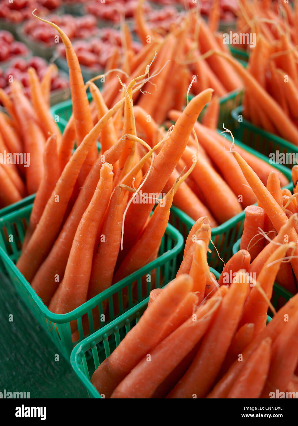Cestas de zanahorias en St Jacob's Farmers' Market, St Jacobs, Ontario, Canadá Foto de stock