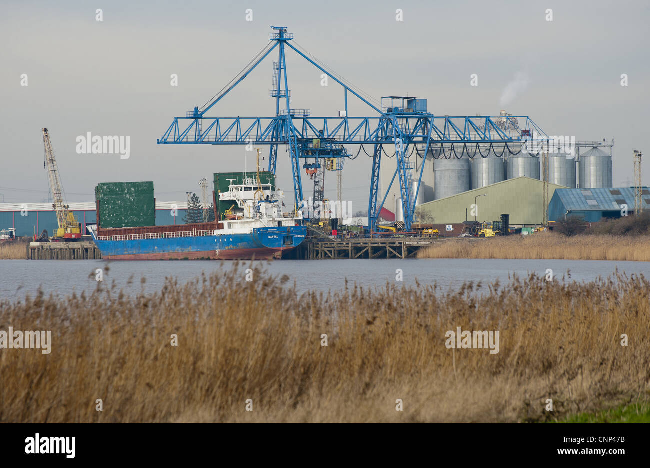 "Isartal' carguero en muelles de descarga, el río Trent, Flixborough, Scunthorpe, North Lincolnshire, Inglaterra, enero Foto de stock