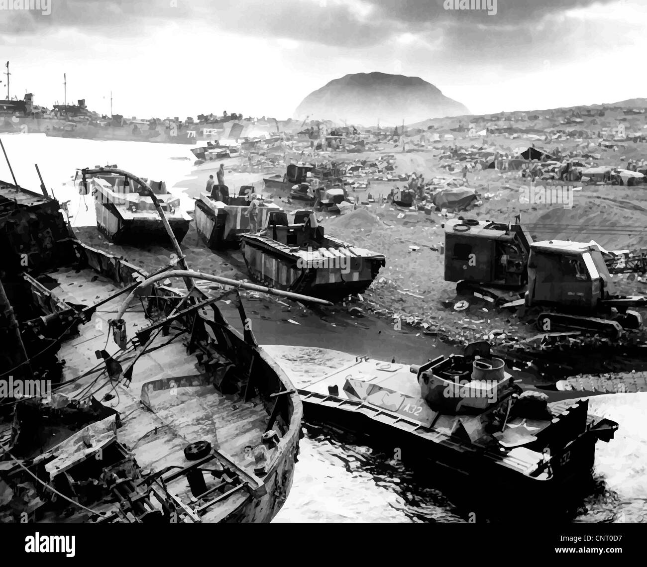 Restaurada digitalmente la foto del vector devastados restos en la playa durante la batalla de Iwo Jima. Foto de stock
