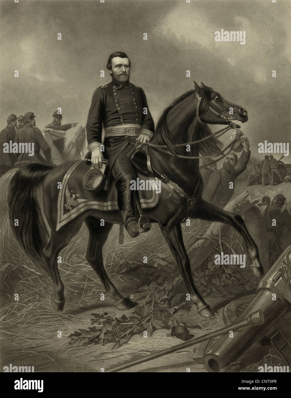 Imagen restaurada digitalmente del general Grant durante la Guerra Civil Americana, conduciendo tropas, montado en su caballo. Foto de stock