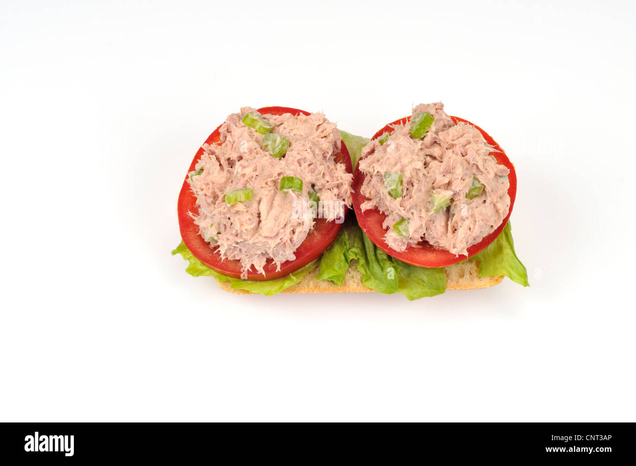 Sándwich de ensalada de atún sobre lechuga y tomate Foto de stock