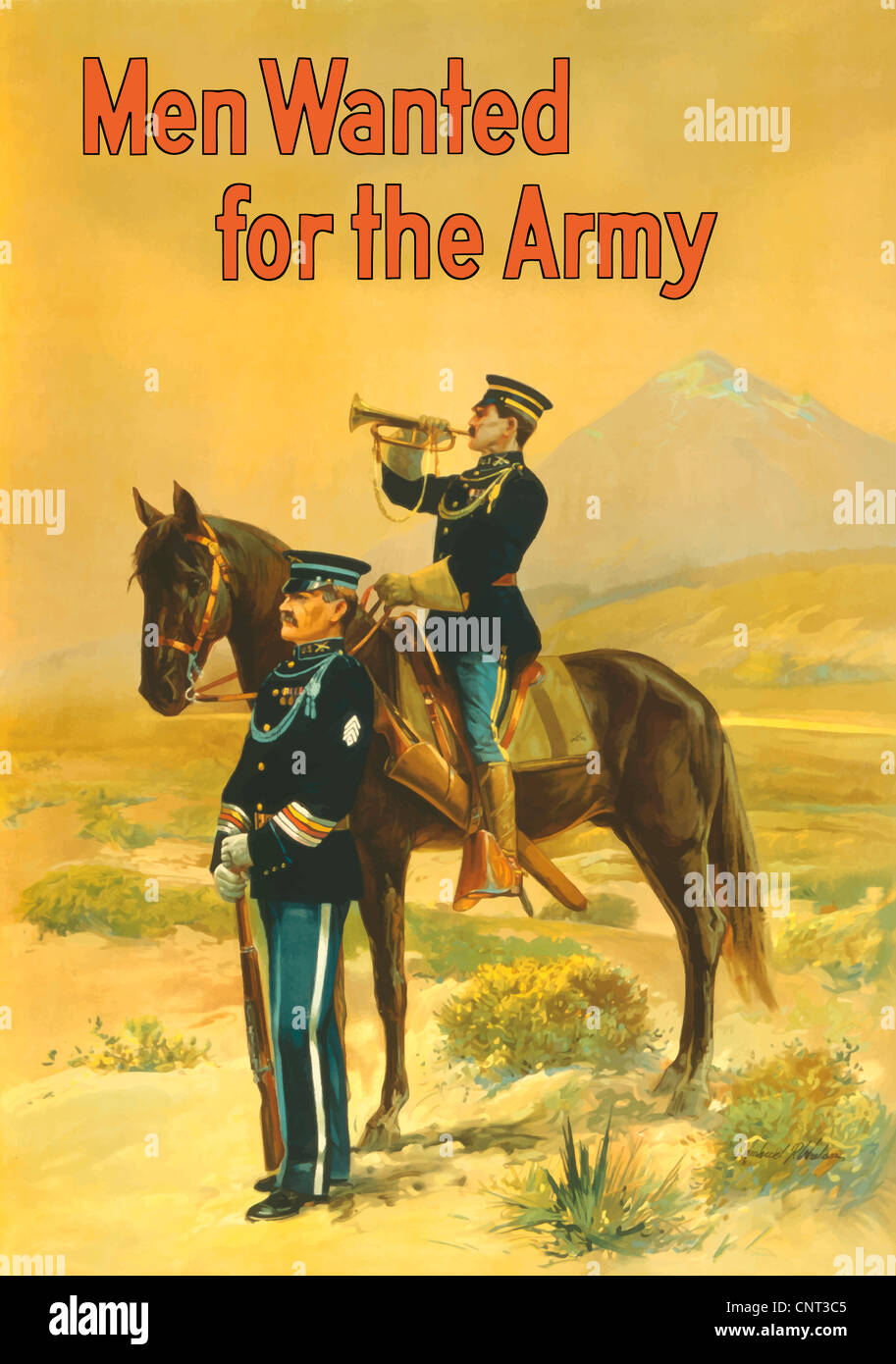 Vintage póster de la I Guerra Mundial con dos soldados, uno montado en un caballo soplando una corneta y el otro de pie con un rifle. Foto de stock