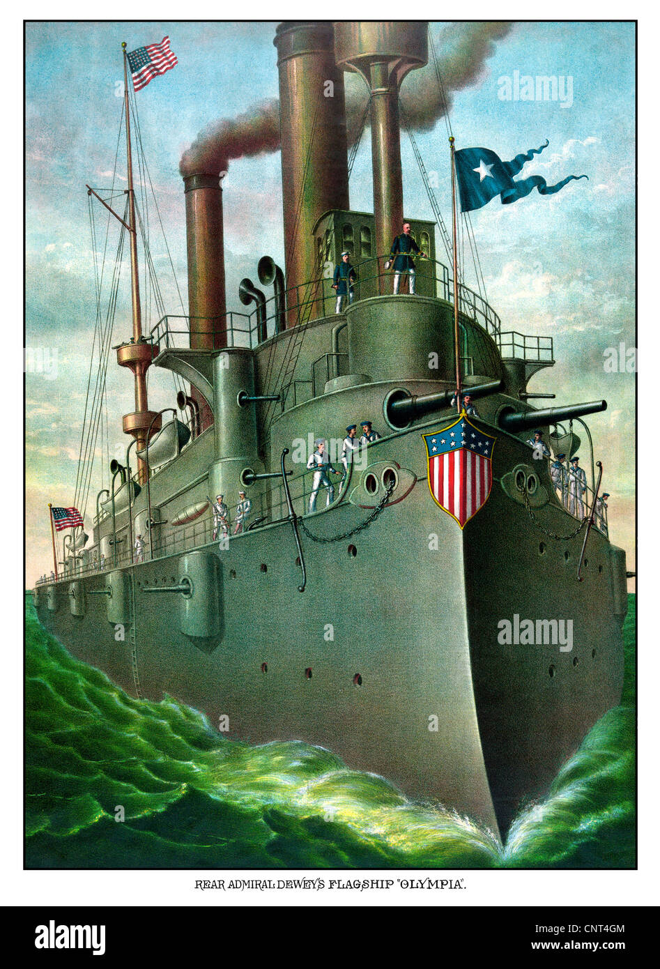 Vintage imprimir Historia Americana del almirante George Dewey de pie en su buque insignia, el Olympia. Foto de stock