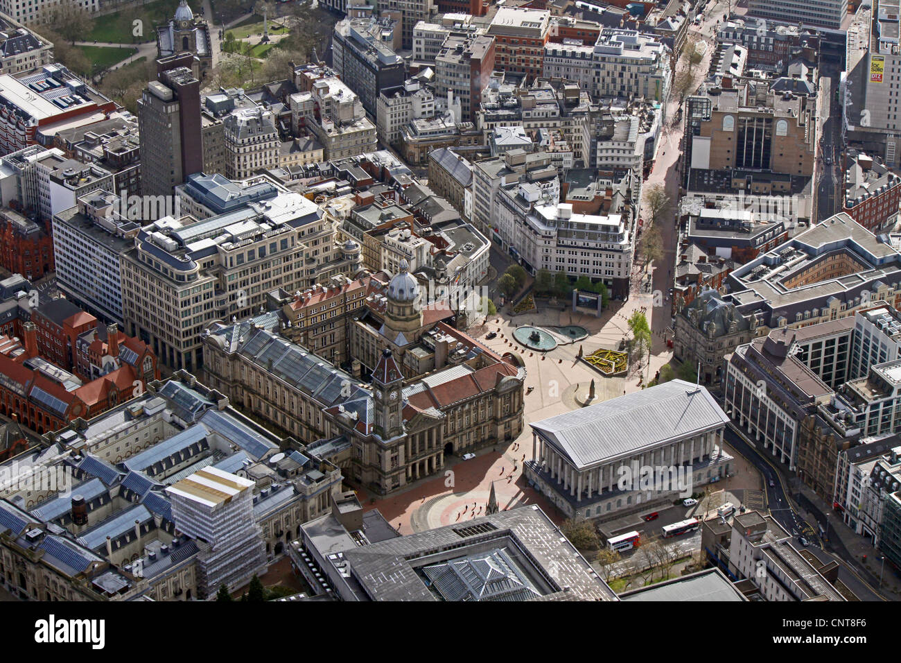 Vista aérea del centro de la ciudad de Birmingham, Victoria Square, el Museo y Galería de Arte, el Centro de Convenciones Internacional Foto de stock