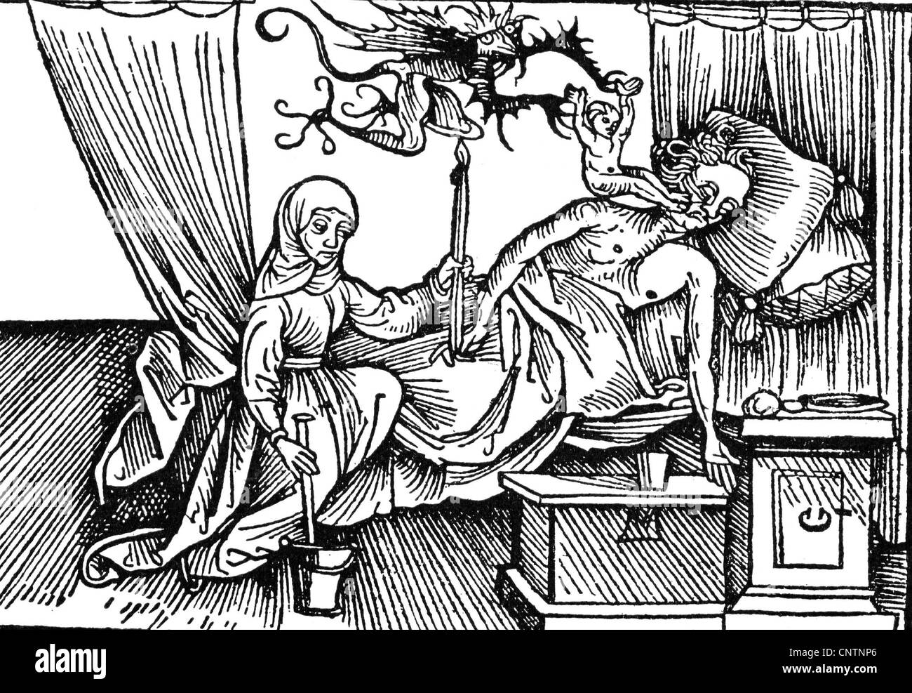 Muerte, diablo está tomando el alma de un hombre moribundo, woodcut, 1508, Derechos adicionales-Clearences-no disponible Foto de stock