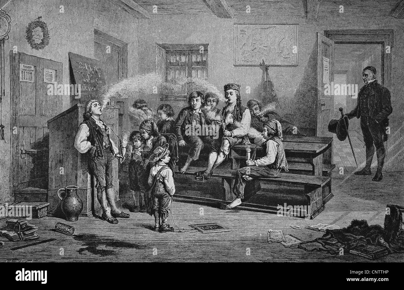 Primeros experimentos con el tabaco en una escuela de pueblo, histórico grabado, 1869 Foto de stock