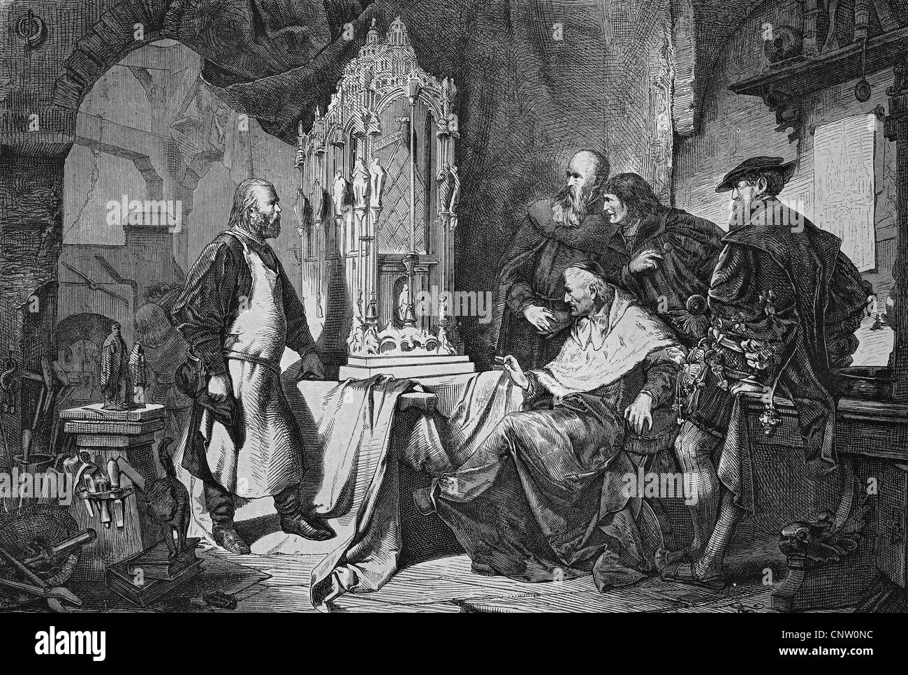 Peter Vischer el Viejo, 1455-1529, escultor alemán y latón Smith, en su fundición, Nuremberg, Baviera, Alemania, histórico eng Foto de stock