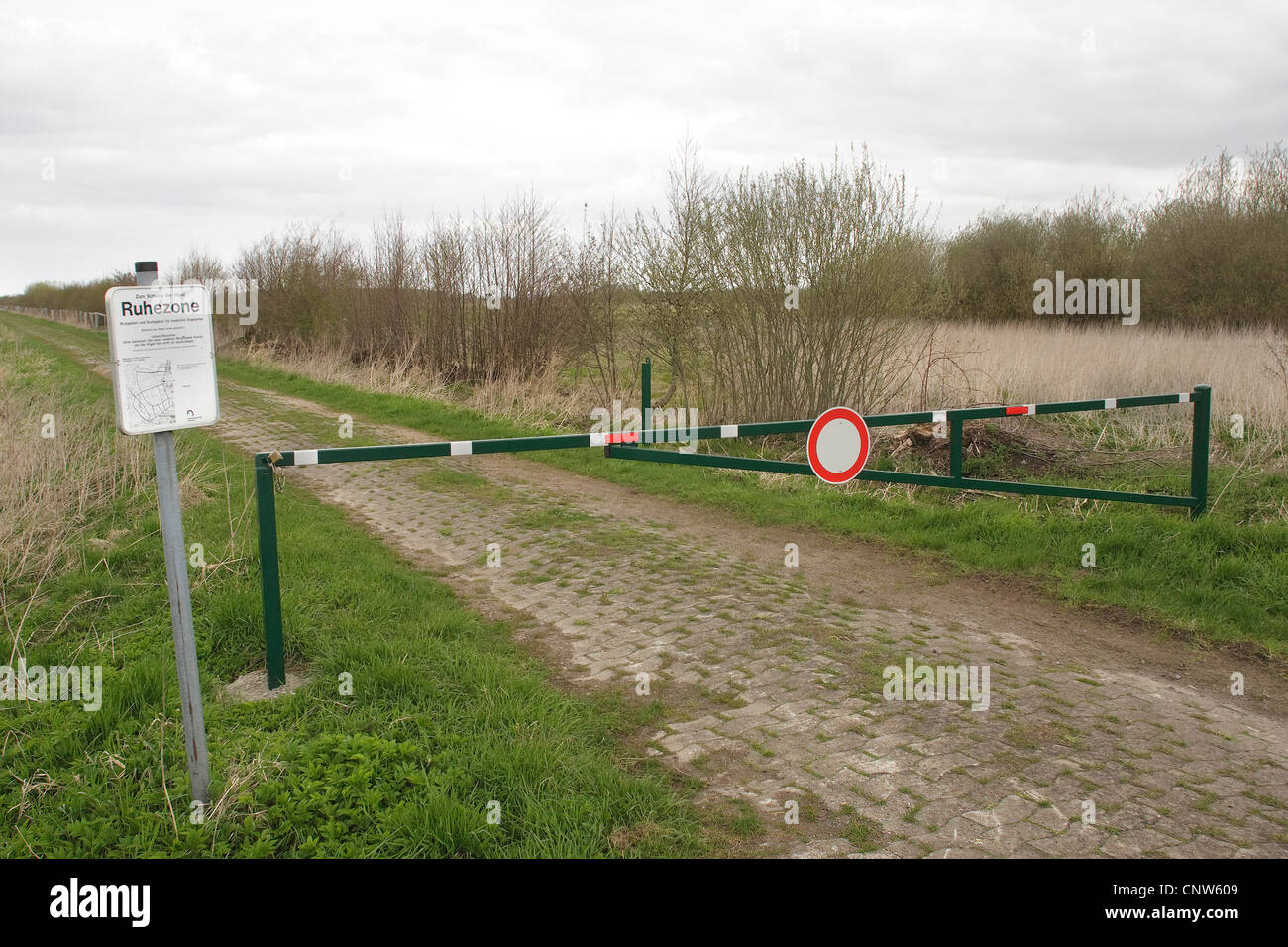 Barrera en un camino pavimentado en una zona de cría de pradera, Alemania Foto de stock